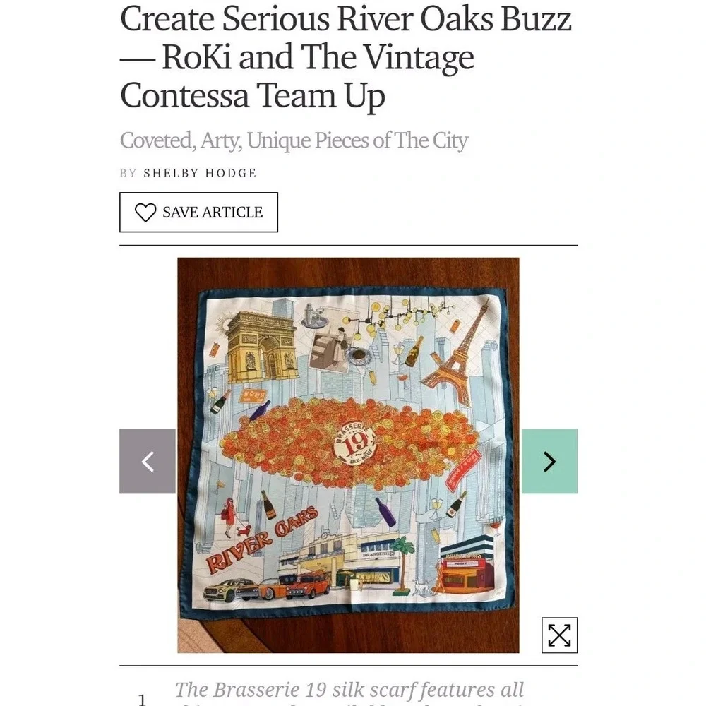 Brasserie 19 Dix-Neuf Houston French Restaurant Silk Scarf‎ Limited Edition